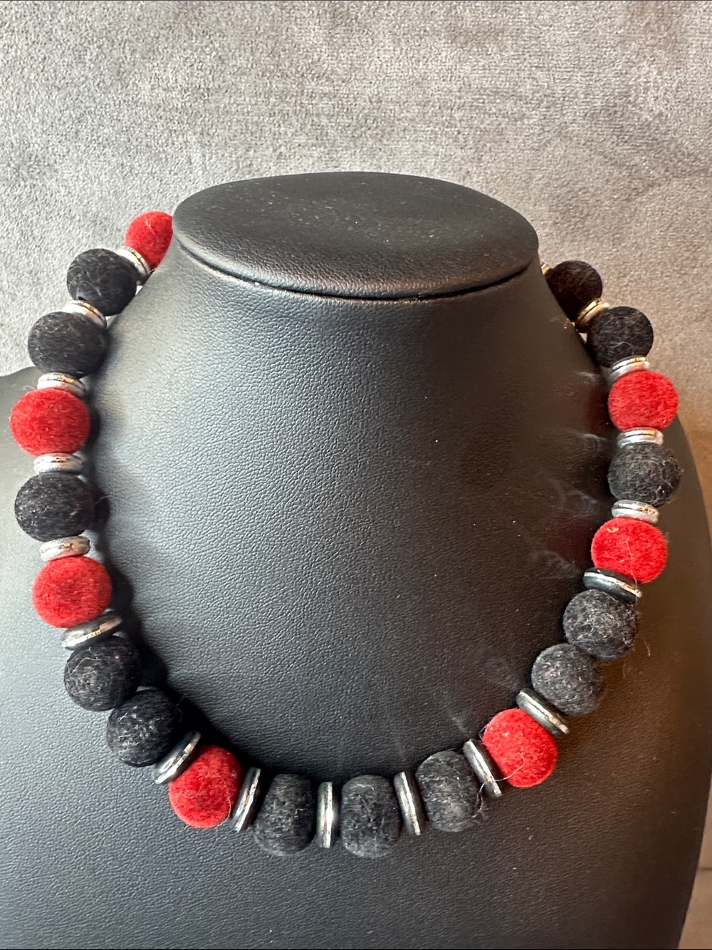 Handmade Black and Red Felt Bead Necklace 925 Clasp - Women Jewelry